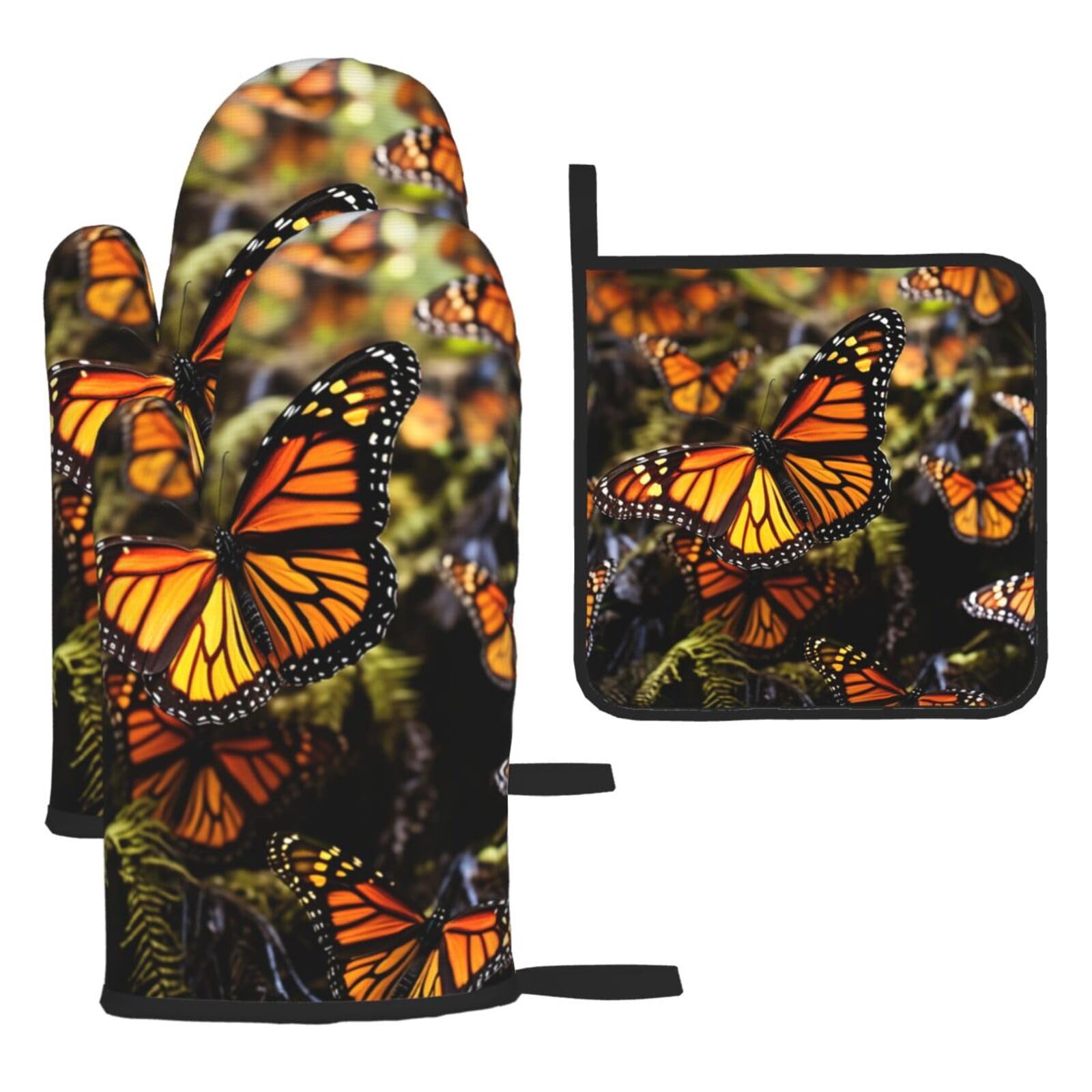 3 Piece Oven Mitts and Pot Holders Set Heat Resistant Oven Gloves and Potholders BBQ Gloves Hot Pads Heaps of Orange Monarch Butterflies Cooking Gloves for Kitchen Baking Grilling