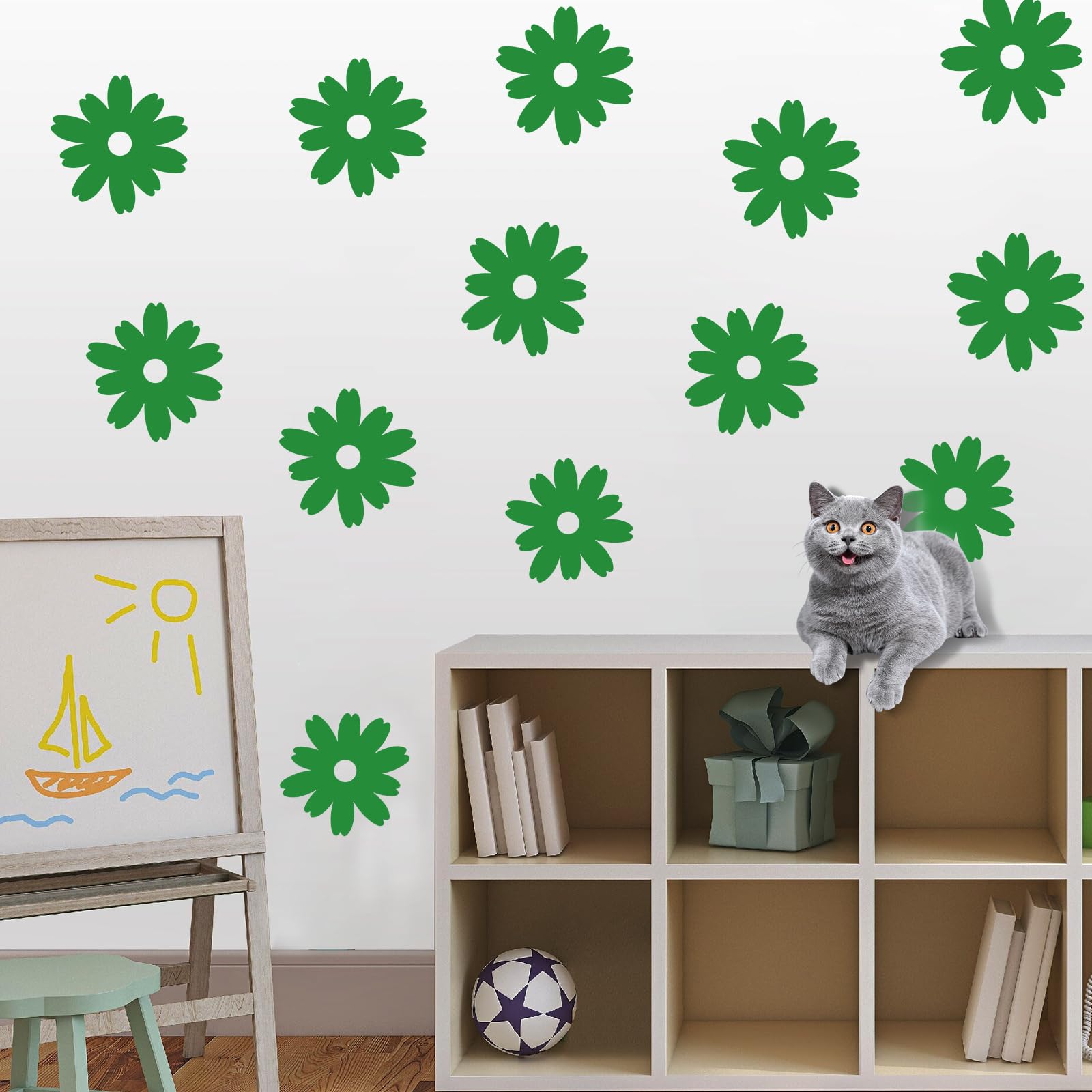 72× Small Daisy Flowers Decals Daisy Wall Decals Spring Flora Wall Stickers Peel and Stick for Wall Nursery Bedroom Living Room Home Wall Car Bumper Decor (Green)