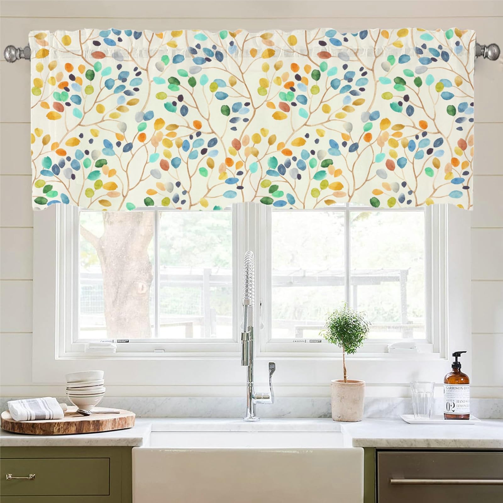 Visillo corto KnSam de hojas para cocina y dormitorio infantil, 152x45 cm
