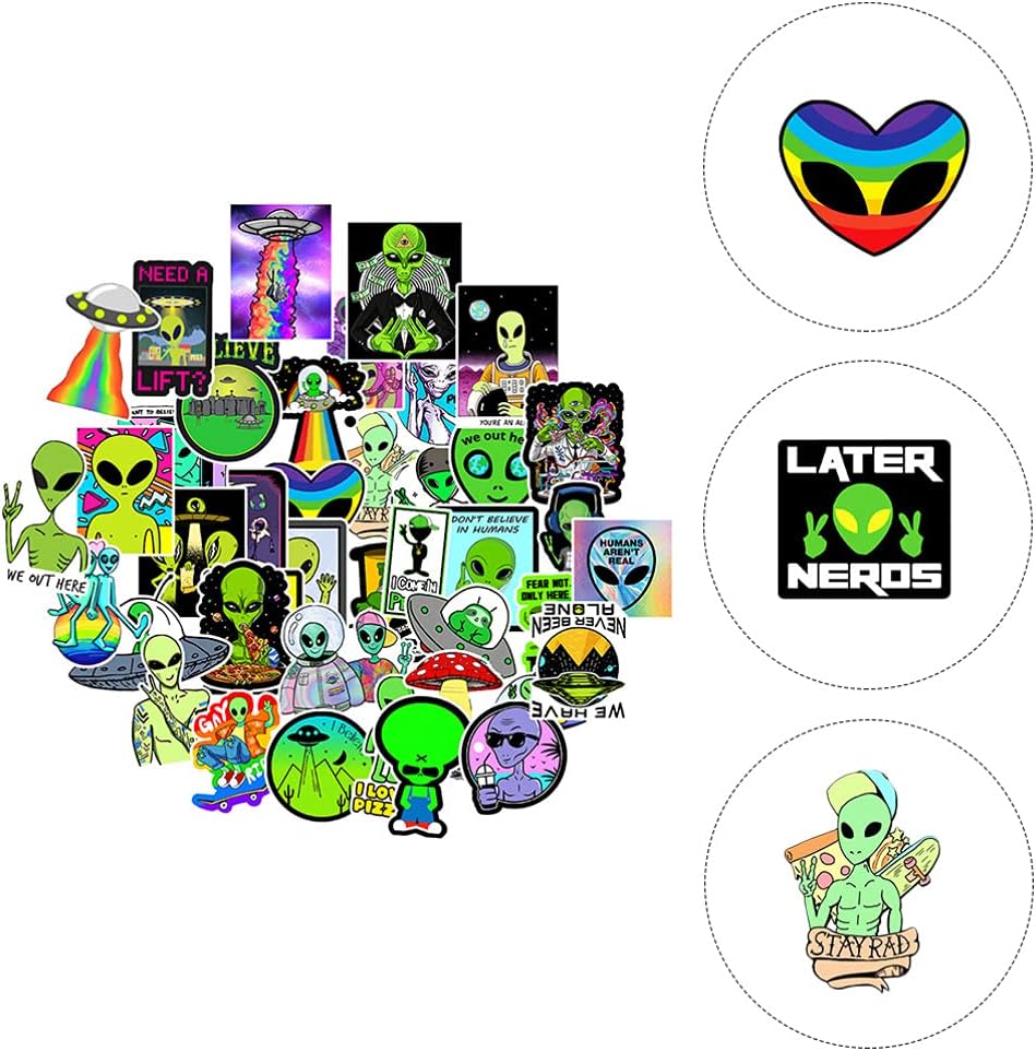 STOBOK 150pcs Alien UFO Stickers Cartoon Luggage Stickers Skateboard Stickers Self- adhesive Scrapbooking Stickers Waterproof Vinyl Graffiti Decal for Laptop Guitar Travel Case