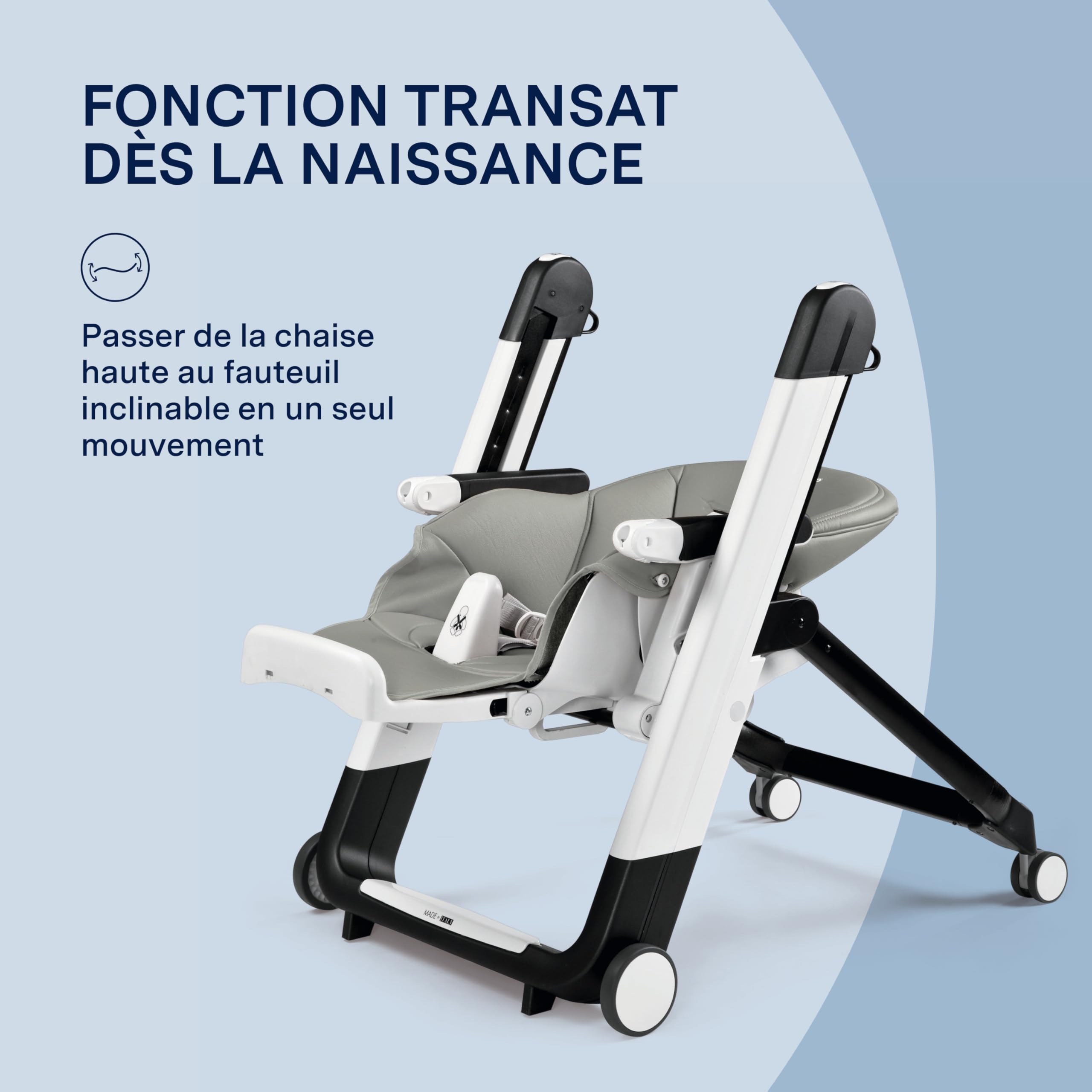 PEG Siesta Follow Me Chaise Haute dès la Naissance, Inclinable avec Fonction Transat, Double Plateau, 9 Hauteurs, 4 Roues, Pliable et Compacte, 0-3 Ans (0-15 kg), Ice