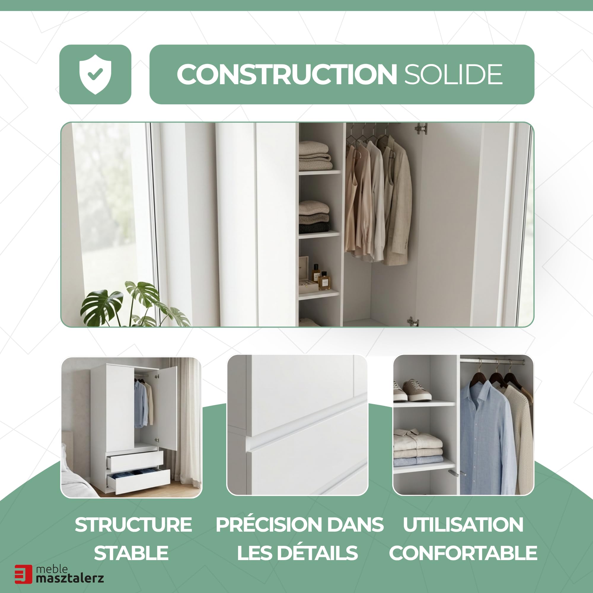 meble masztalerz Armoire Chambre avec 2 Tiroirs Largeur 90 cm - Penderie Vetement Dressing - Dressing Chambre Adulte - Meuble de Rangement Chambre - Blanc - 180x90x50 cm