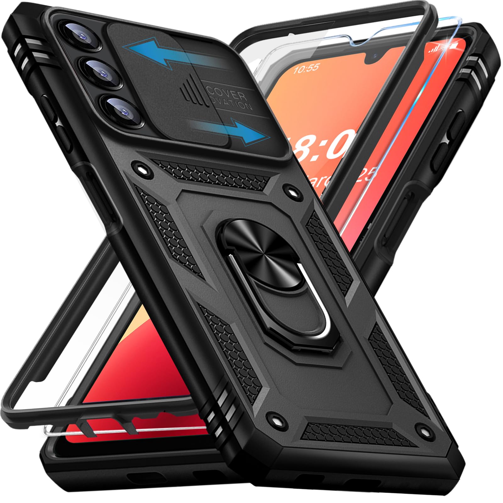 Giyer Handyhülle für Samsung Galaxy A14 5G Hülle mit Schutzfolie, Schutzhülle mit Kameraschutz 360° Drehbarer Metall Ring Ständer Stoßfest Bumper 6.8" Case Cover (Schwarz)