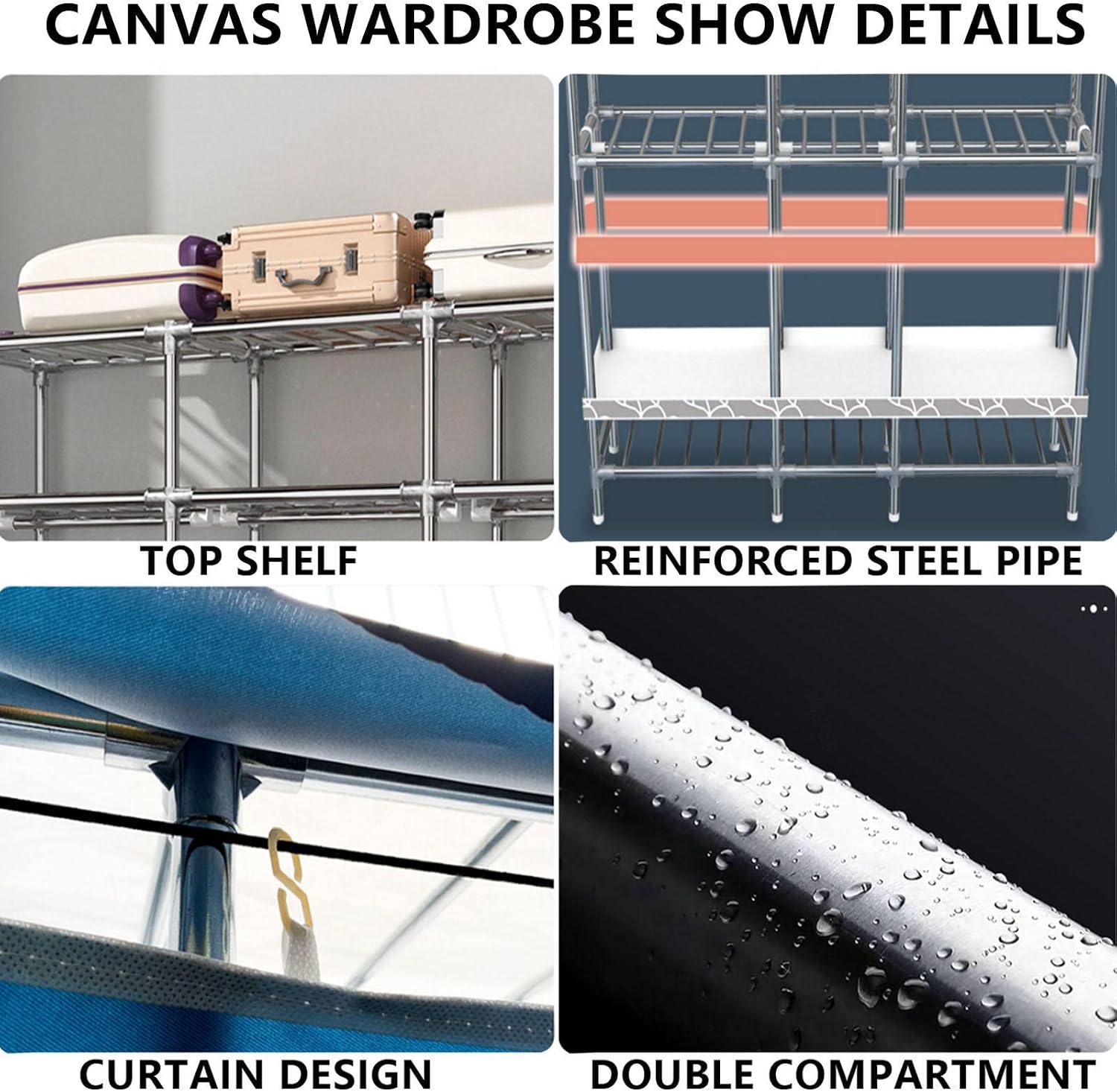 Portable Canvas Wardrobe, Fabric Clothes Closet Storage Organizer with Hanging Rail, Shelves, Side Pockets, Foldable Closet for Bedroom,Grey-125x45x170cm