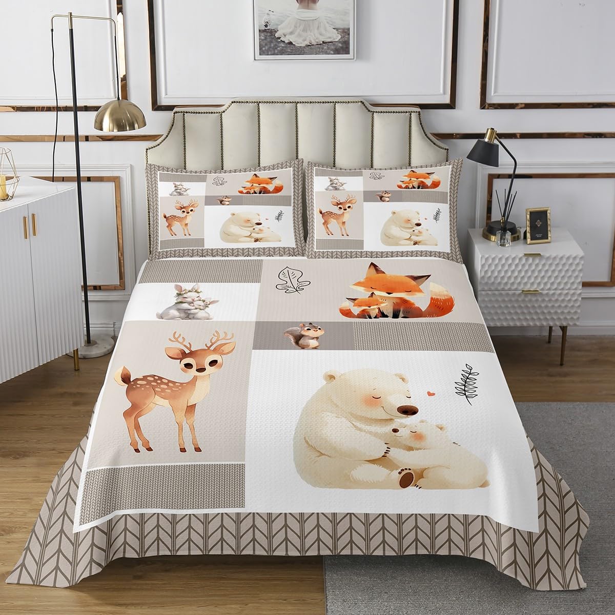 Cute Bear Deer Bedspread King Size,Cartoon Animals Down Comforter 3Pcs,Camping and Adventure Bedding Sets for Kids Girls Boys Teens Room Decor,Rustic Beige Striped Quilt Coverlet,2 Pillowcases