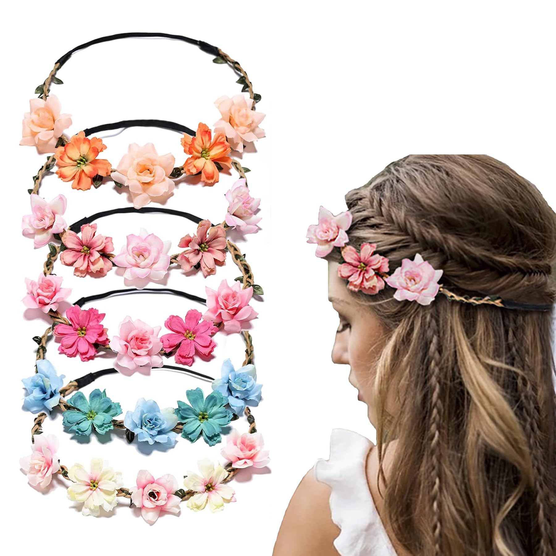 BAIYSFFG 5PCS Multicolour Flower Hair Wreath Floral Headpieces Festival Hair Accessories for Women Girls, Multicolor