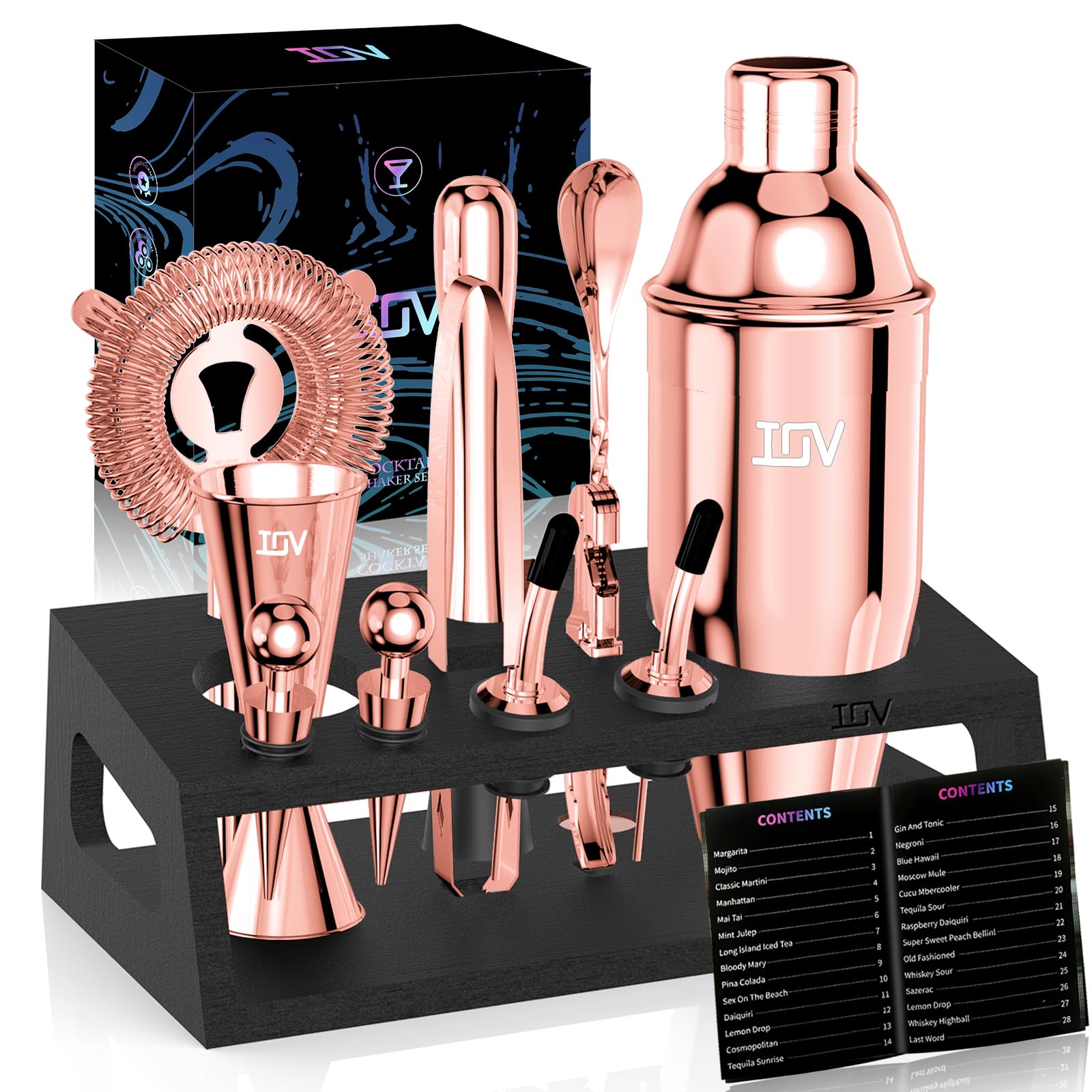 IOV Mixology - Kit da barista con supporto, set da 12 shaker per cocktail, shaker per martini da 680,4 g, per miscelare bevande, set da bar include tutti gli strumenti da bar e il libretto di ricette,