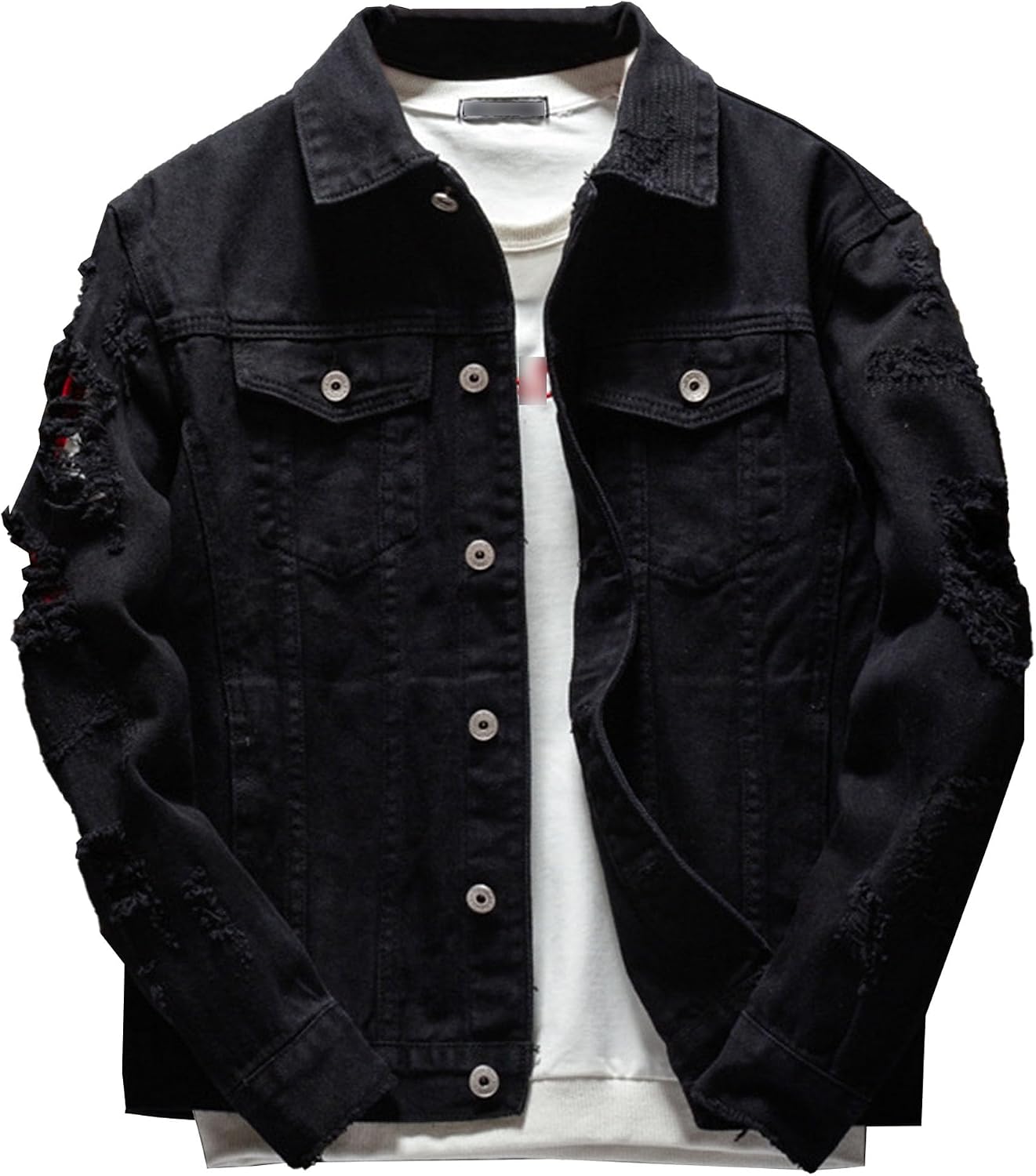 Distressed Denim Jacket for Men Casual Ripped Holes Button Down Trucker Jacket Long Sleeve Motorcycle Jean Jacket
