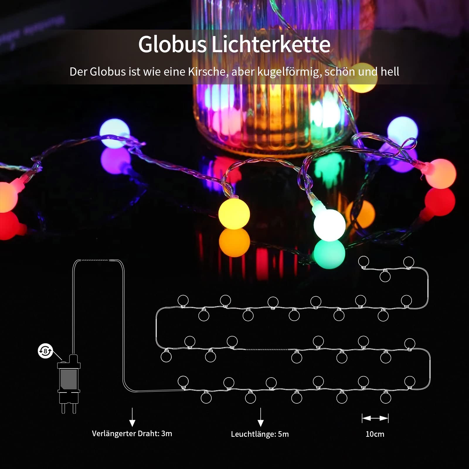 Łańcuch świetlny z kulką, 5 m, 50 diod LED, 8 trybów pracy, funkcja pamięci, łańcuch świetlny z wtyczką do użytku na zewnątrz/wewnątrz, idealny do sypialni, na balkon, imprezę, wesele, kolorowy