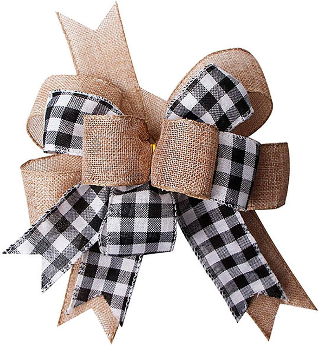 Black White Plaid Gift Bows Burlap Wreaths Bows Christmas Tree Topper for Wedding Holiday Birthday Party Decoration 12" x 9.4"