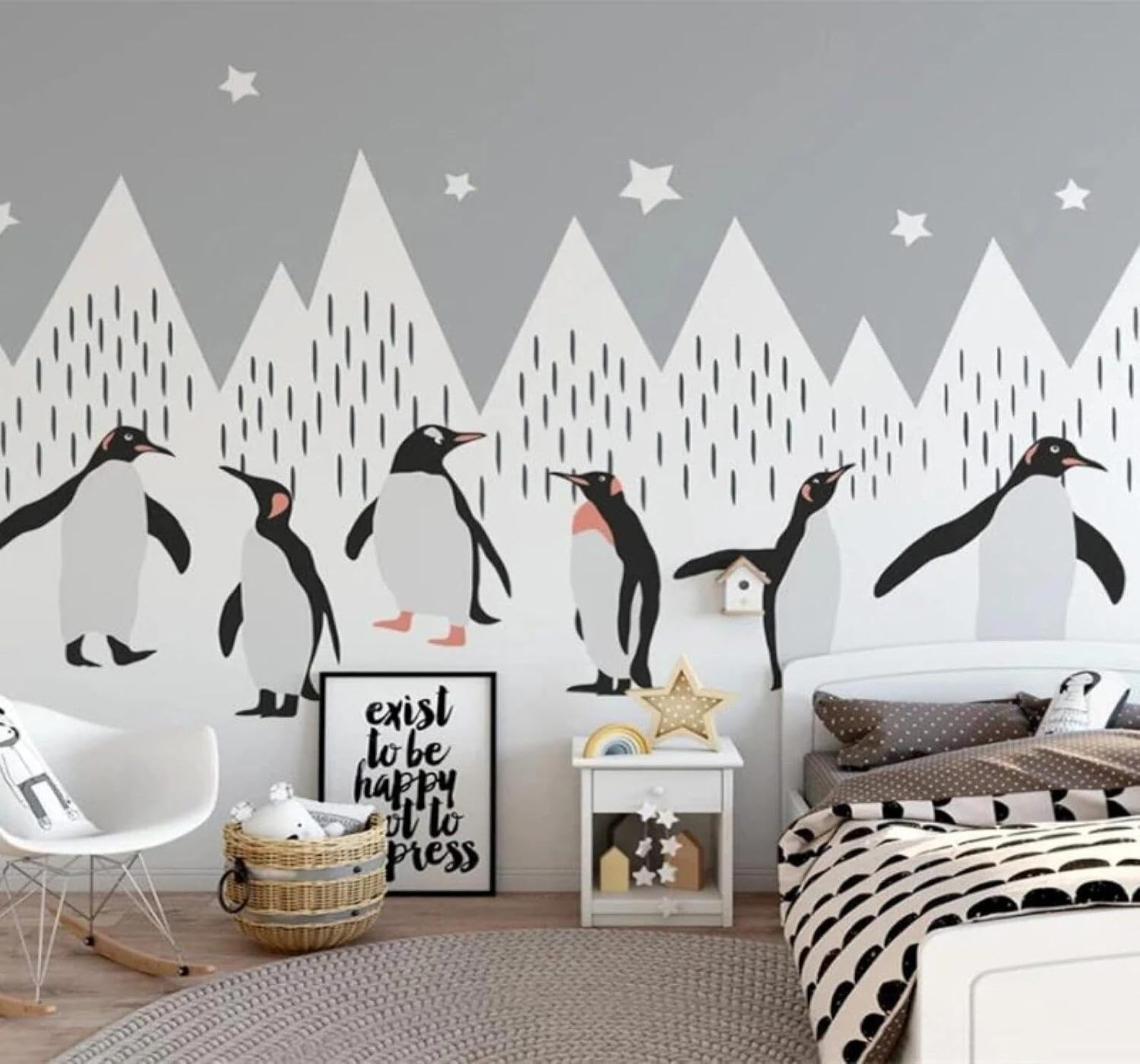 XLMING Cartoon Black and White Geometric Snowy Mountains Penguins 3D Wallpaper Luxury Silk Study Dining Feature Sofa Grey Bedroom Living Room Tv Decorative Wall-430cm×300cm