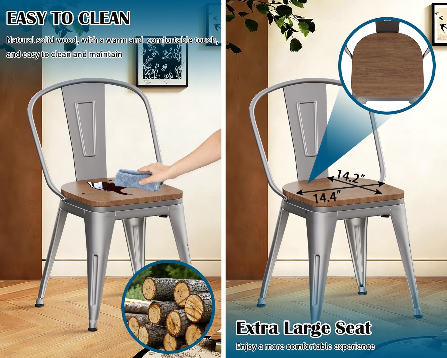 18 Inch Metal Dining Chairs,Arlunar Farmhouse Chairs Set of 4 Black Dining Room Chairs Stackable with Back and Wooden Seat bar stools