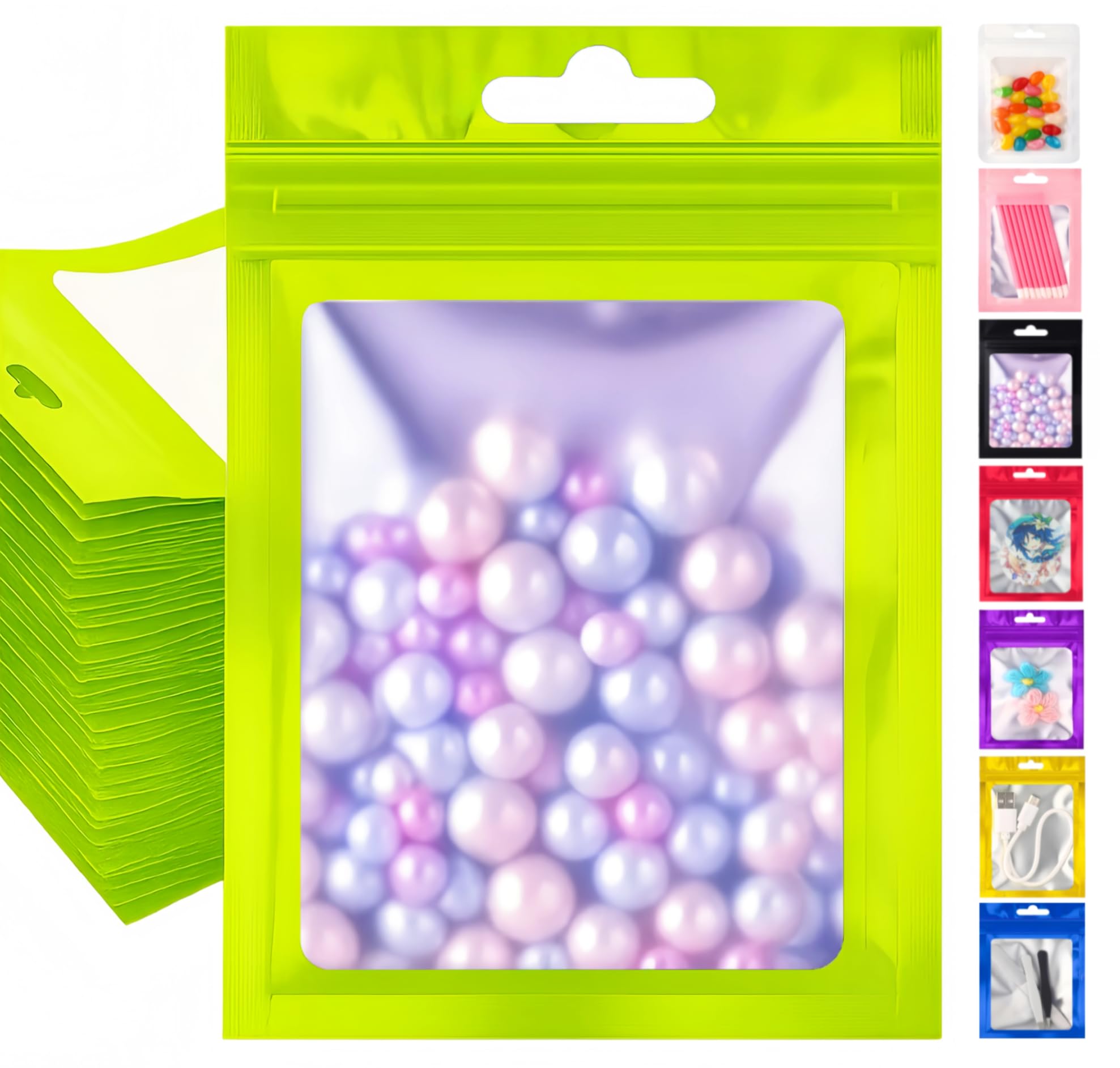 Plaphy 100Pcs Resealable Mylar Bags with Window,Ziplock Bag,Green,10,5x15cm