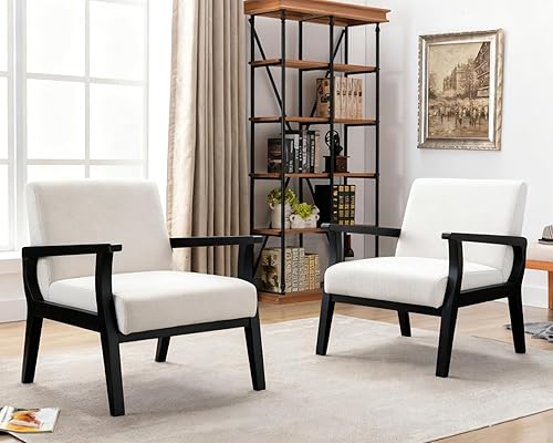 Miniatura 25 de HNY Sillón de mediados de siglo con marcos de madera, sillón tapizado de lino, para sala de estar, dormitorio, marfil Marco de madera dura natural