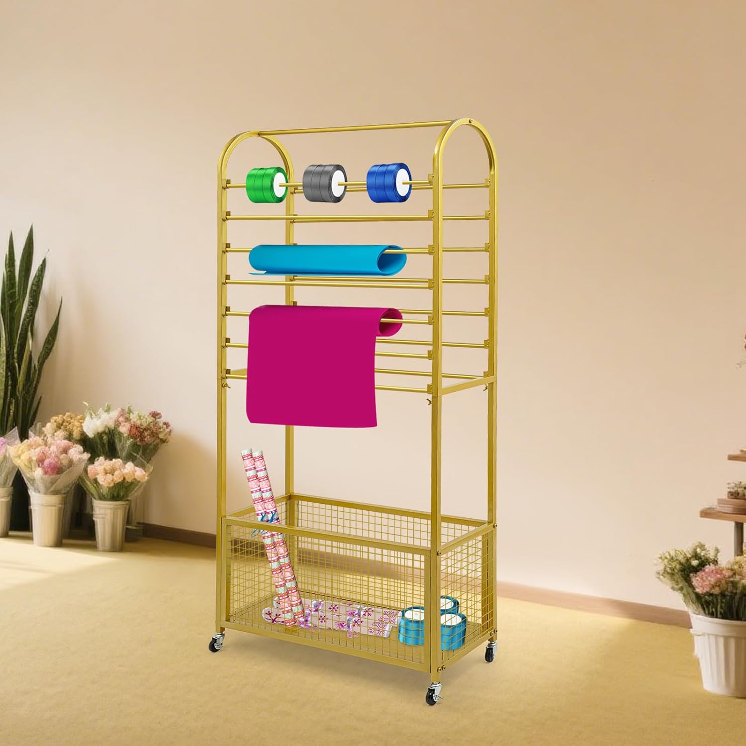 15 Tier Ribbon Holder Organizer Rack Ribbon Display Stand with Lockable Wheels, Multifunctional Ribbon Storage Flower Gift Wrap Organizer for Flower Shop, Craft Room (Gold)