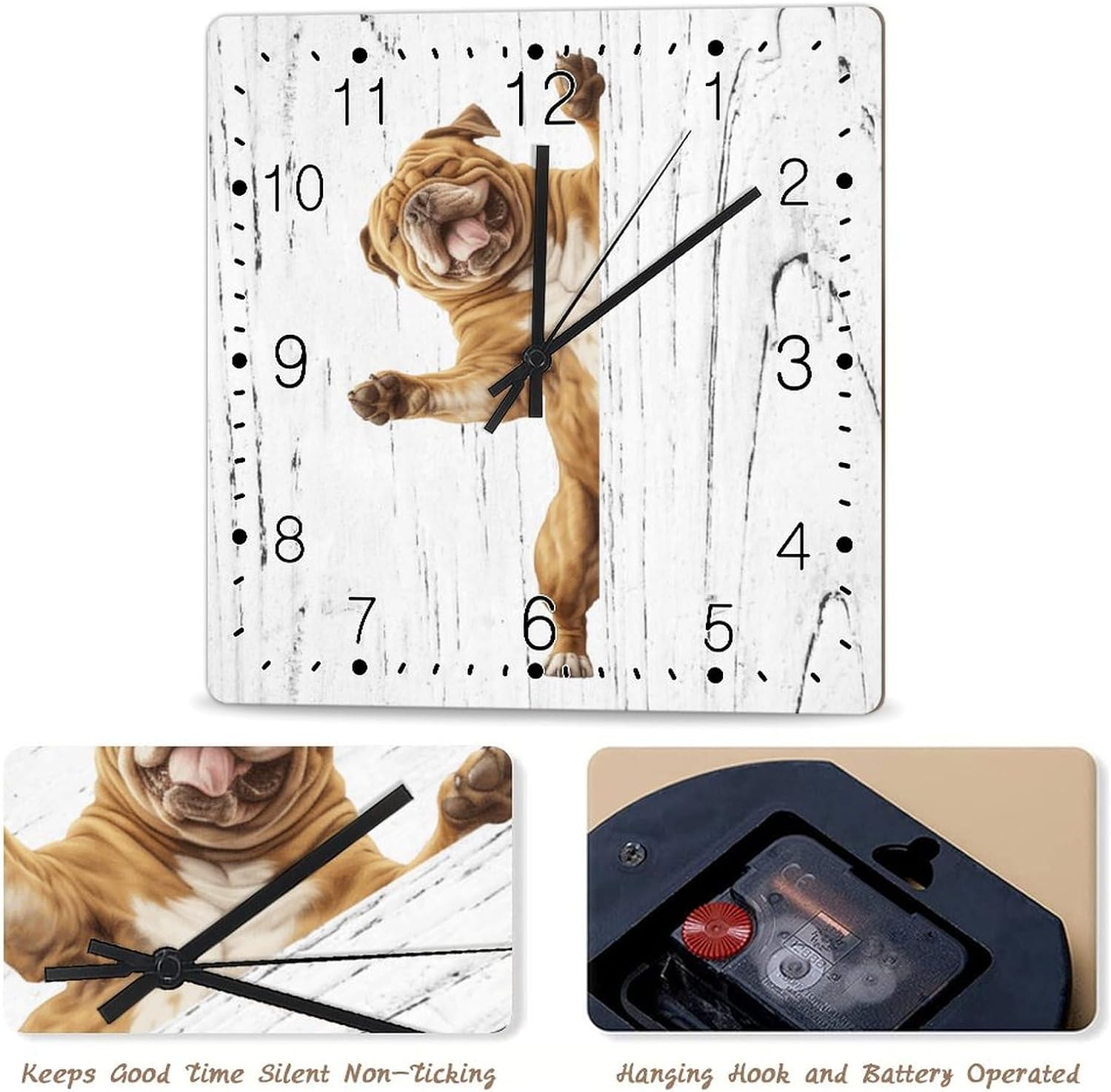 Pug Wooden Wall Clock Pug Dog Peeking ASquare Corner Wall Clock Battery Operated Silent Wooden Clocks Pet Owner Gift Wooden Clock for Laundry Room Bedroom 15x15in