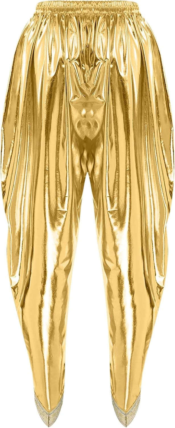 Jugaoge Mens Metallic Indian Dhoti Pants Shiny Arabian Cosplay Trousers Baggy Harem Palazzo Pants
