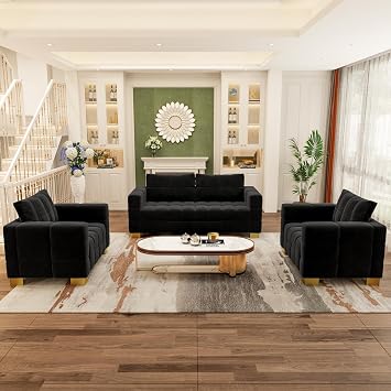 81.89" Sofa Set for Living Room Tufted Modern Chenille Comfy Upholstered 3-Seat Sofa Couch with Gold Metal Legs and 2 Throw Pillow Black3S+1S+1S