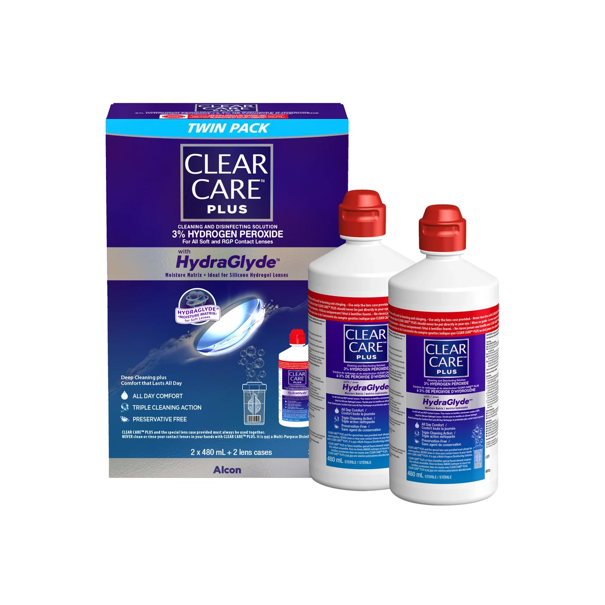 Clear Care Plus With HydraGlyde, Cleaning And Disinfecting Solution 3% Hydrogen Peroxide For All Soft And RGP Contact Lenses - 480ml Pack Of 2 With 2 Lens Cases 480ml Pack Of 2 + 2 Lens Cases