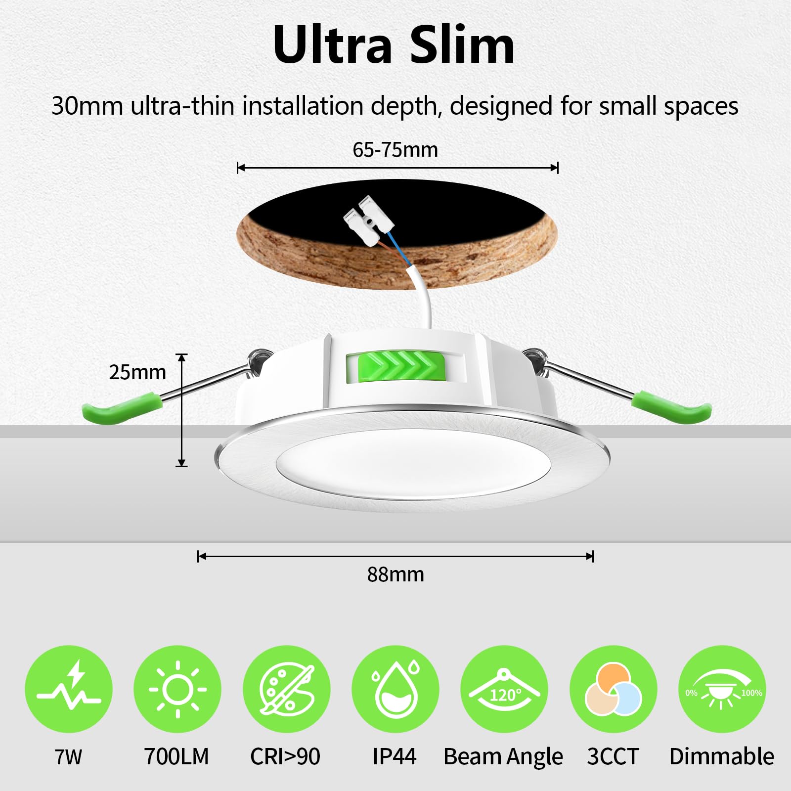 GeyouLux LED Einbaustrahler 230V Dimmbar, 7W 700LM IP44 Deckenspots, 65-75mm Lochmaß Einbauleuchten, 2700K/4000K/6500K Ultra Flach Einbauspots für Badezimmer Küche Rund Nickel LED Spots 6er Set