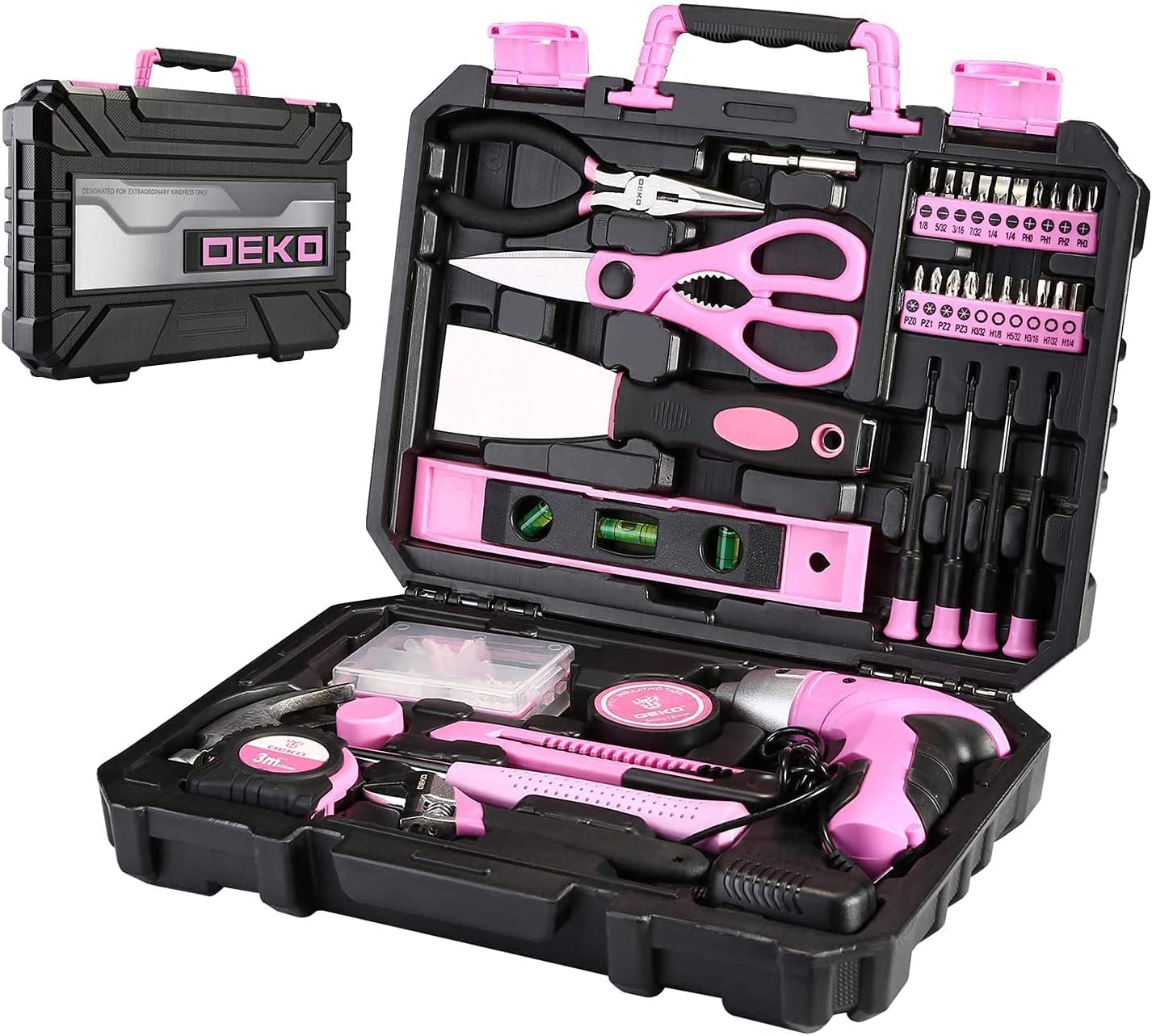 DEKO Malette Outils Rose 98 Pièces Avec Visseuse Électrique Sans Fil 3.6v, Caisse a Outil Complete de Réparation Maison, Bureau et Atelier, Quincaillerie et Kit de Bricolage