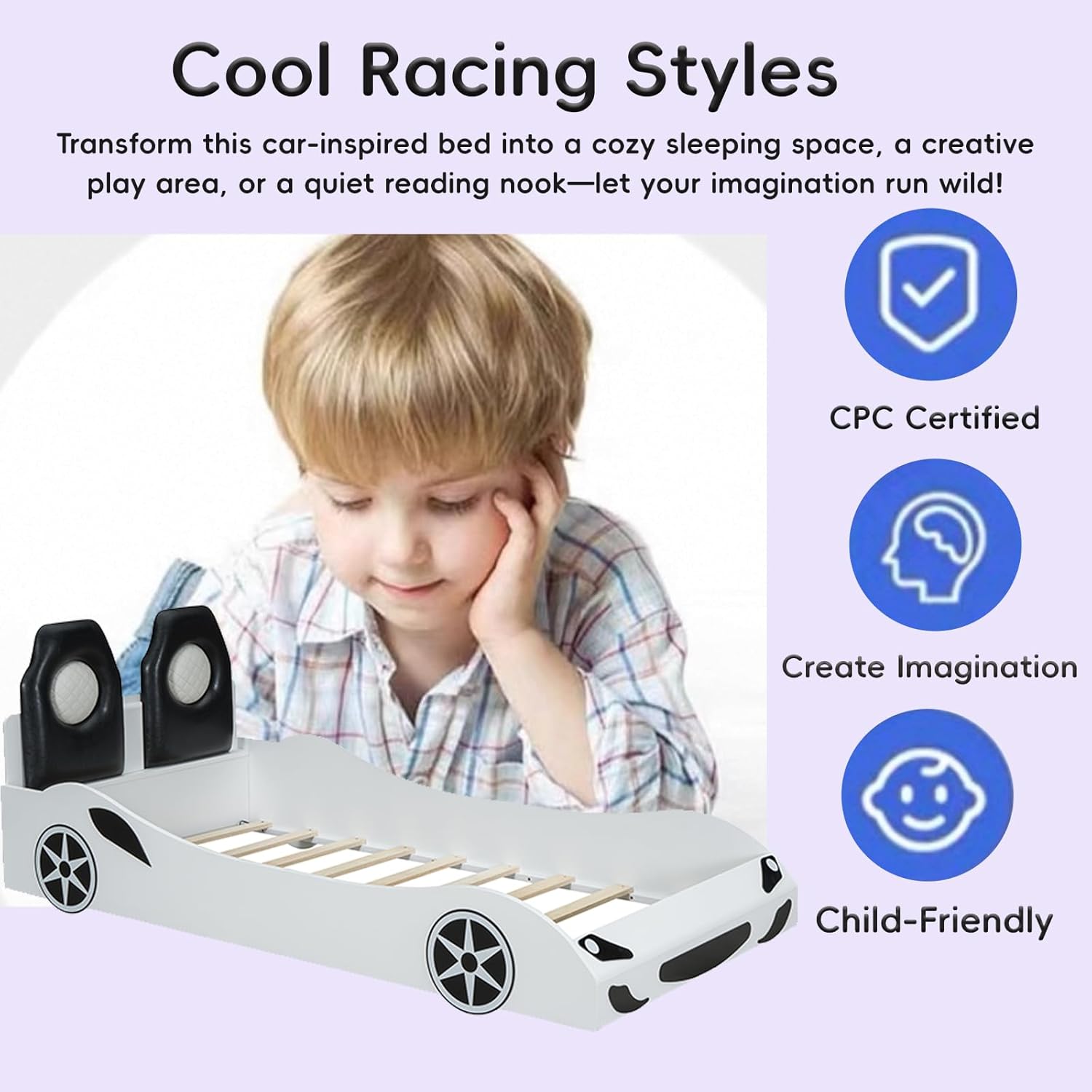 Twin Size Race Car-Shaped Platform Bed with Wheels, Solid Wood Car Bed Frame with LED Lights and Upholstered Backrest for Kids, No Box Spring Needed, White