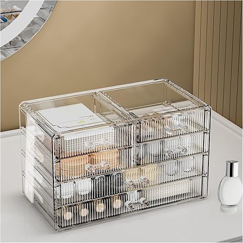 Organizador de maquillaje transparente con cajones acrílicos, organizador de maquillaje ideal para tocador o tocador con cajones de almacenamiento