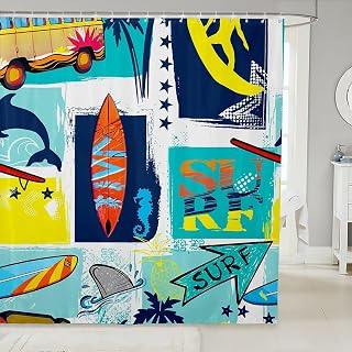 Castle Fairy Surfing Sports Bath Curtain,Colorful Surf Themed Graffiti Painting Bathroom Shower Curtain for Kids Boys,Surfboard Fish Stars Plaid Waterproof Fabric with Hooks for Stalls, 72Wx72L inch