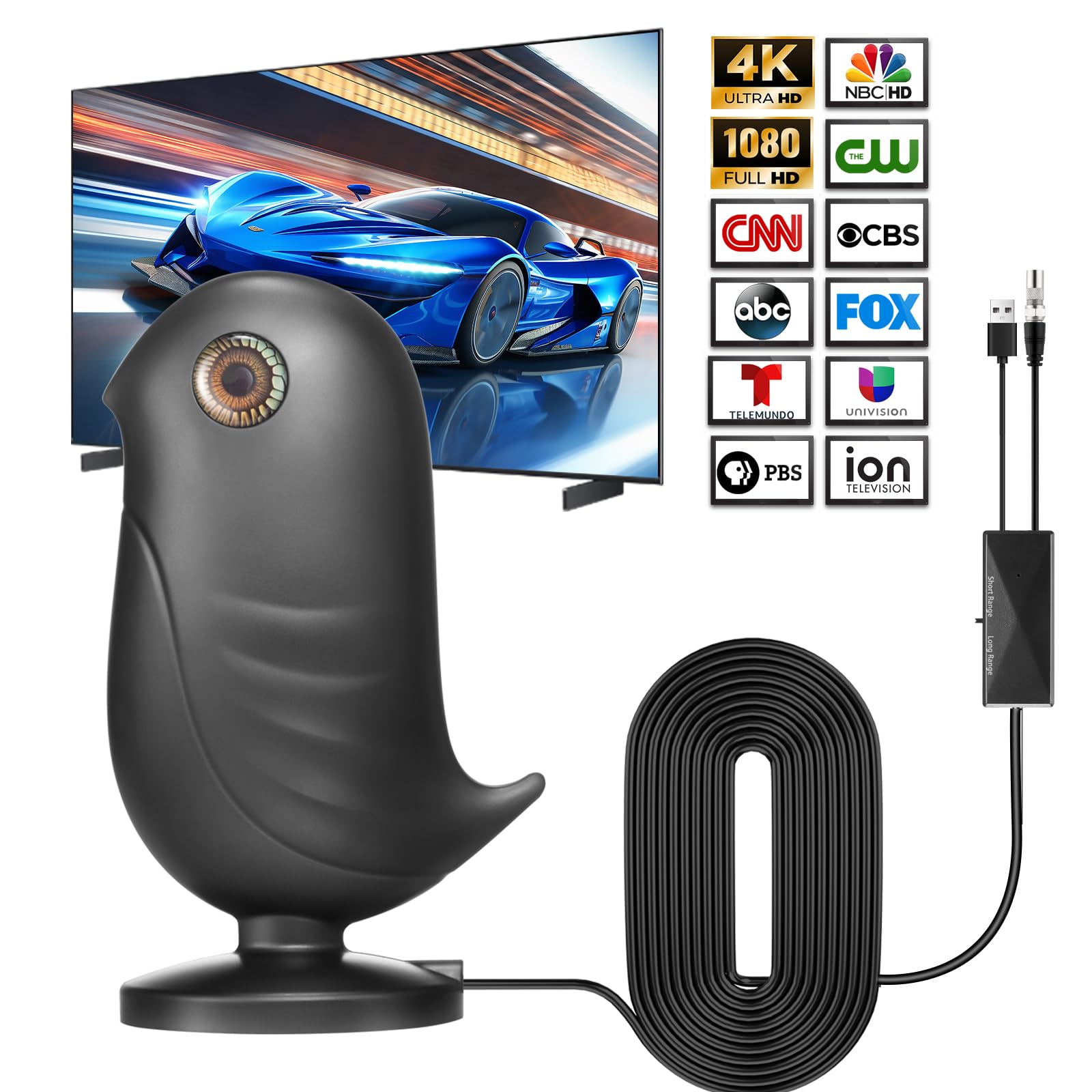 Antenne TV Intérieure Puissante, Antenne TNT HD 4K avec Amplificateur de Signal, Réception Longue Portée 650km, 360° sans Angle Mort Compatible DVB-T/T2 pour Téléviseur Numérique Intelligent