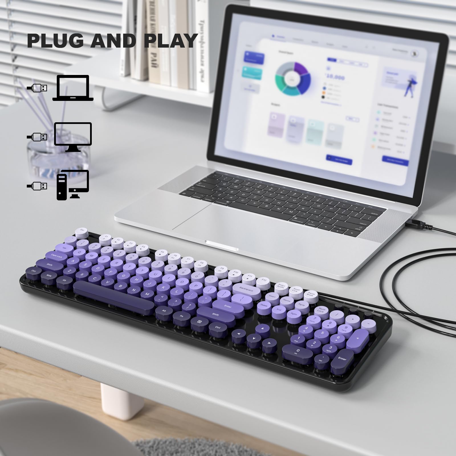 Kabelgebundene Computer-Tastatur, bunte Tastatur in voller Größe mit schwebenden runden Tasten, Schreibmaschinentastaturen für Laptop, Büro, PC, Desktop-Fenster, Schwarz / Violett