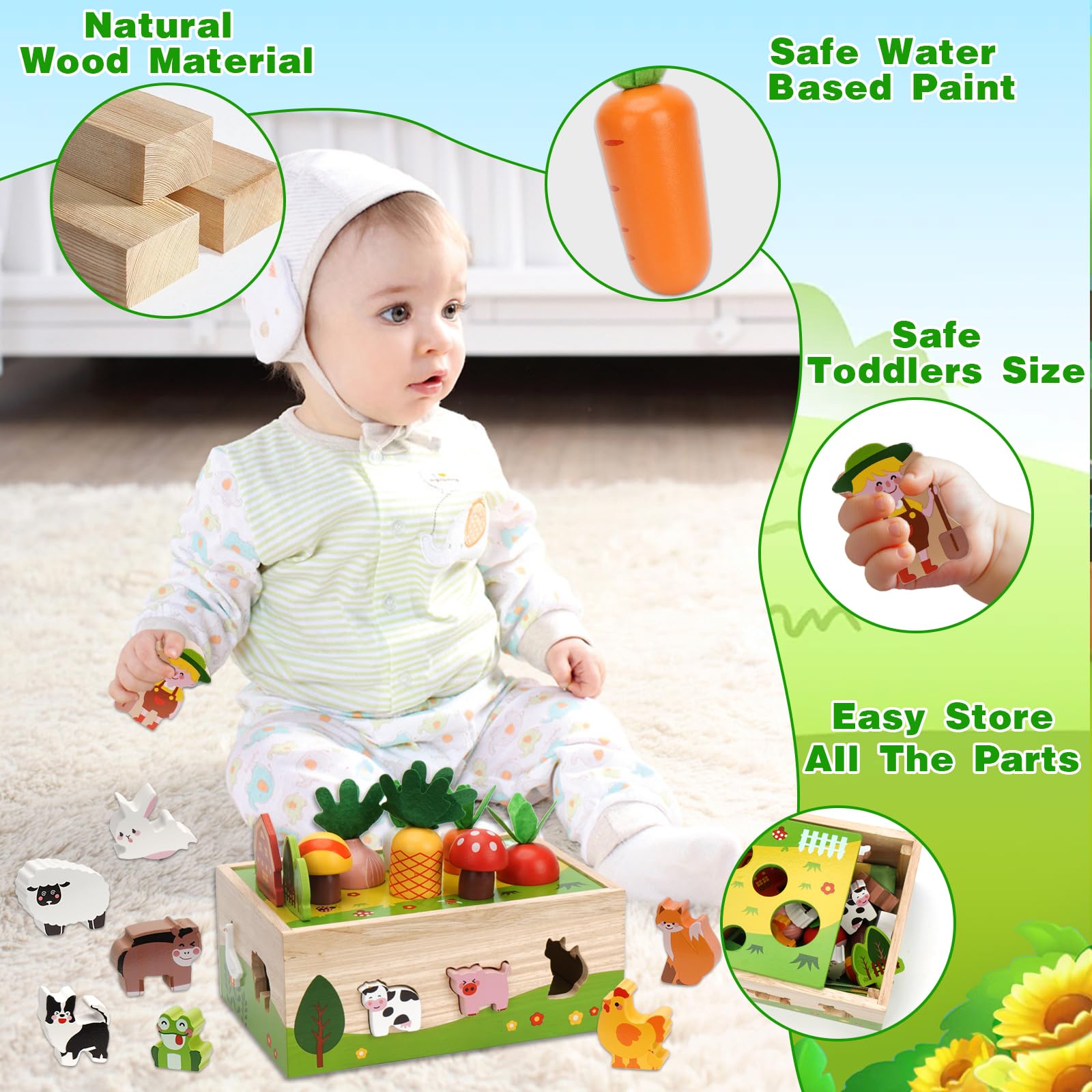 Giocattolo Educativo In Legno Per Bambini 1-3 Anni – Fattoria Montessori Con Verdure E Animali – Regalo Natale Bimbo Bimba
