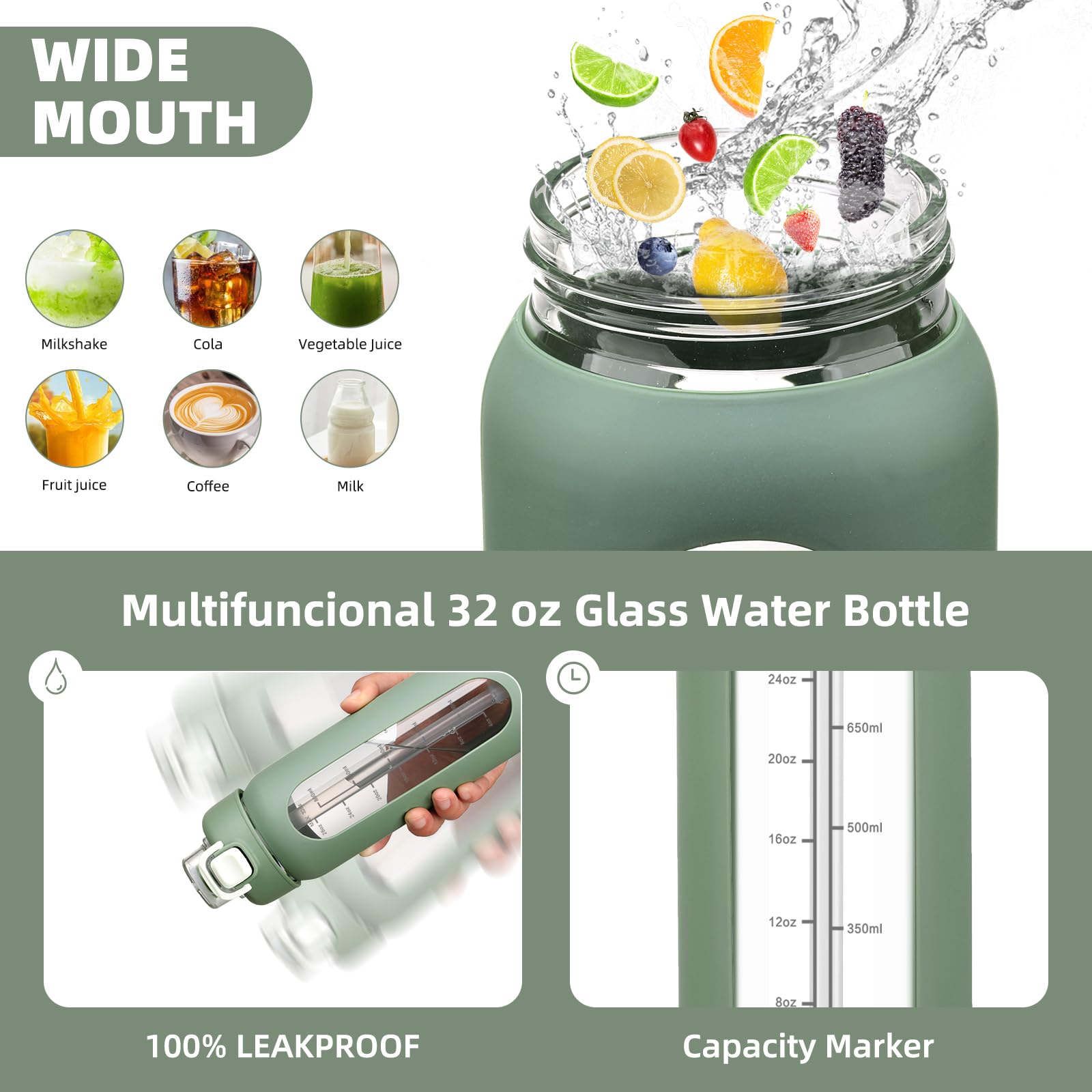chunmo Glas-Wasserflaschen mit Strohhalm, große motivierende Wasserflasche mit Zeitmarkierung, Sport-Wasserflaschen mit Silikonhülle und Griffdeckel, Wasserkrug für Fitnessstudio, Workout, 900 ml