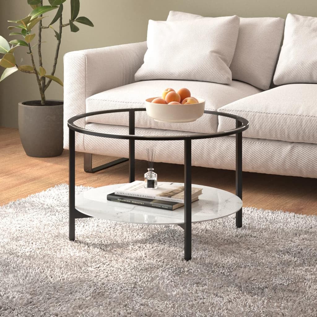 Stolik pomocniczy, czarno-biały, o wyglądzie marmuru, średnica 70 cm, szkło hartowane, malowane proszkowo, metal, okrągły stół z miejscem do przechowywania, do salonu, sypialni, biura, sofy