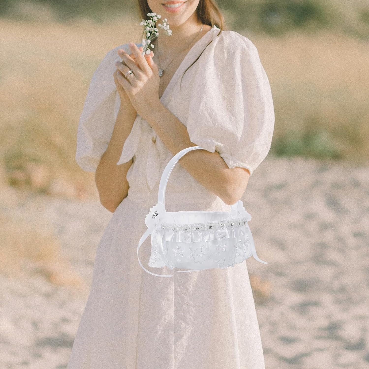 Lace Flower Girl Basket Mini Wedding Party Basket with Handle for Ceremony and Rustic Home Decor