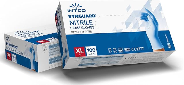 Intco Nitrile Gloves (Extra-Large, 100 Count), Strong & Flexible, Food Safe Blue Gloves, Non-Sterile, Powder & Latex Free Gloves, Finger Textured Thick Disposable Gloves for Tools, Devices, & More