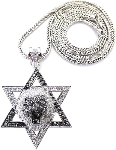 NYFASHION101 Colgante de estrella de David de cabeza de león con collar de cadena Franco de 36 pulgadas