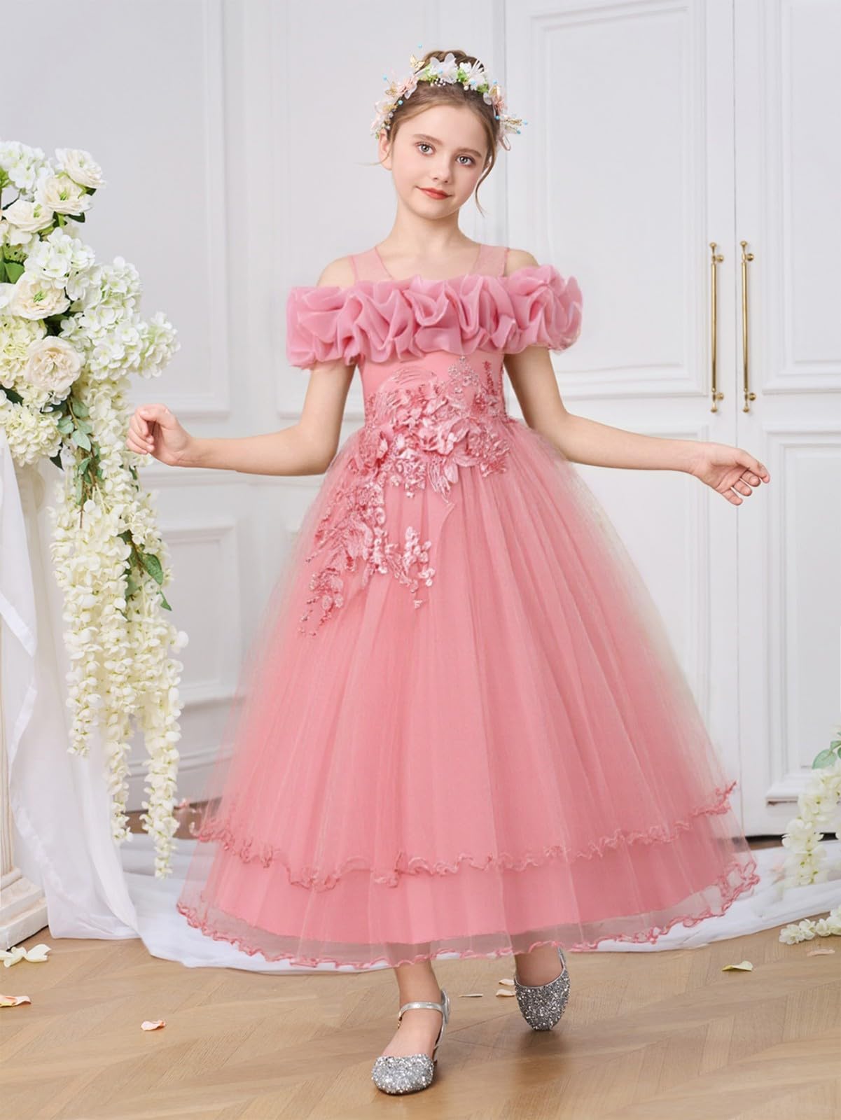 Vestido formal de tul con purpurina y hombros descubiertos para niñas, con adornos florales 3D, elegante vestido de fiesta de dama de honor con volantes, para cumpleaños, de 5 a 12 años