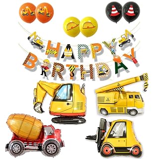 JELLYBABY Birthday Foil Balloons with Paper Banners Set for Boys - Construction Themed Decorations Featuring Digger, Trucks, Crane, and Engineering Vehicles for Age 2 to 8 - Ideal for Kids' Parties