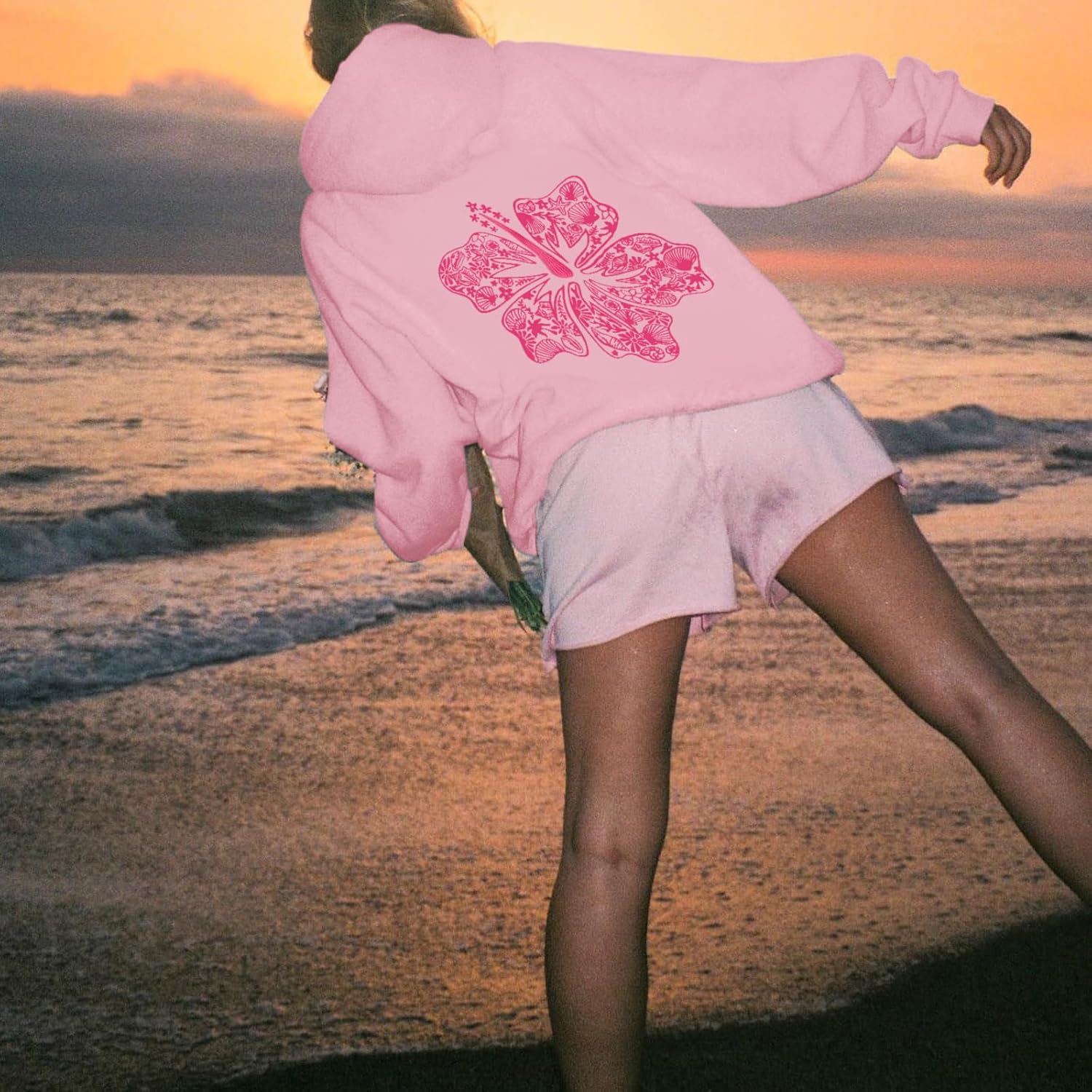 Womens Cute Pink Flower Hoodie Aesthetic Preppy Hawaiian Hibiscus Sweatshirt Casual Puff Graphic Hoodies Pullover Tops - Image 5