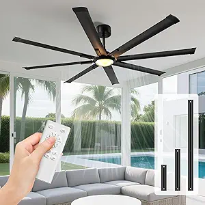 Ceiling Fans with Lights and Remote:72 Inch Indoor Outdoor Large Ceiling Fan for Living Room Patio Kitchen 8 Aluminum Blades Black Industrial Ceiling Fan 6 Speed Reversible Quiet DC Motor
