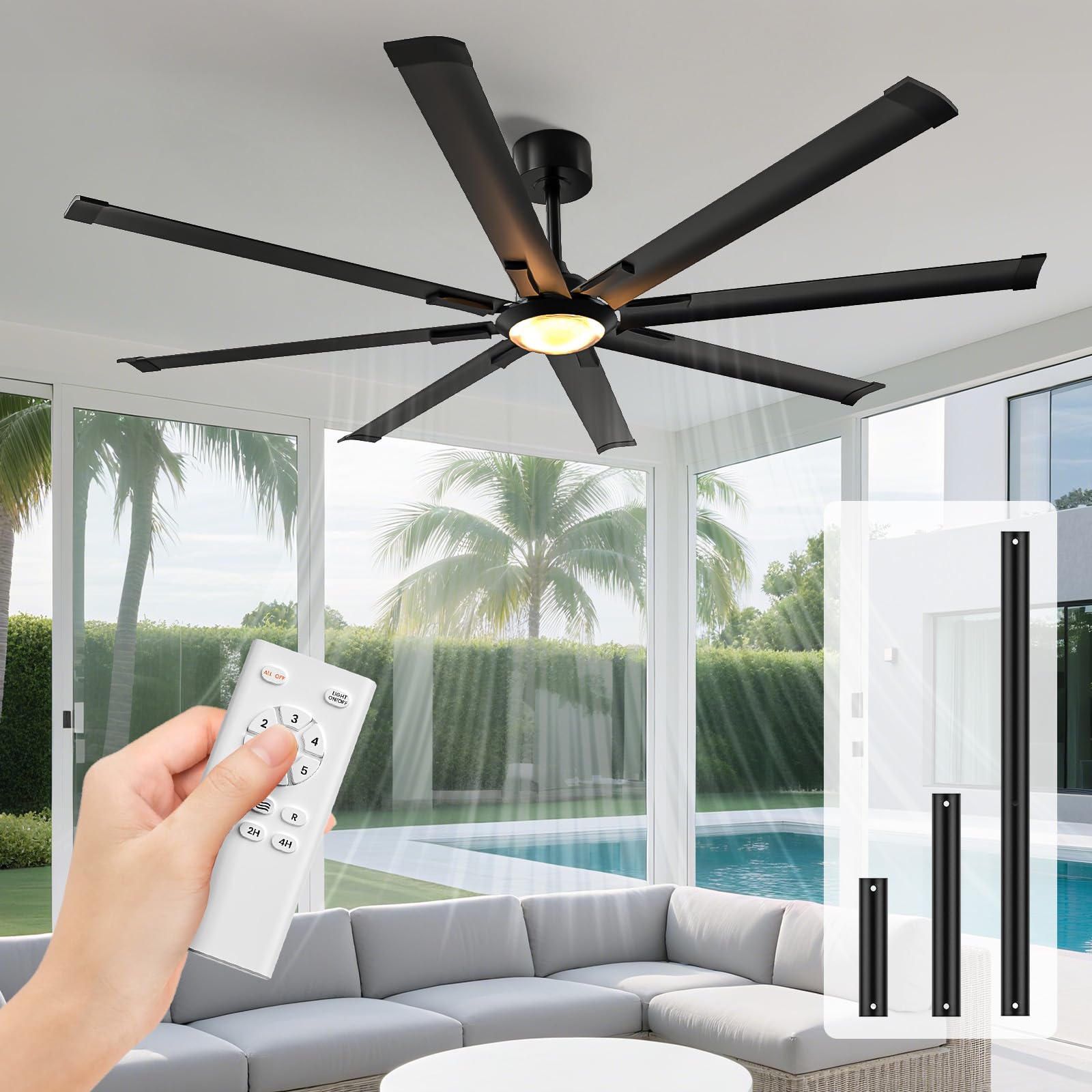Ceiling Fans with Lights and Remote：72 Inch Indoor Outdoor Large Ceiling Fan for Living Room Patio Kitchen 8 Aluminum Blades Black Industrial Ceiling Fan 6 Speed Reversible Quiet DC Motor