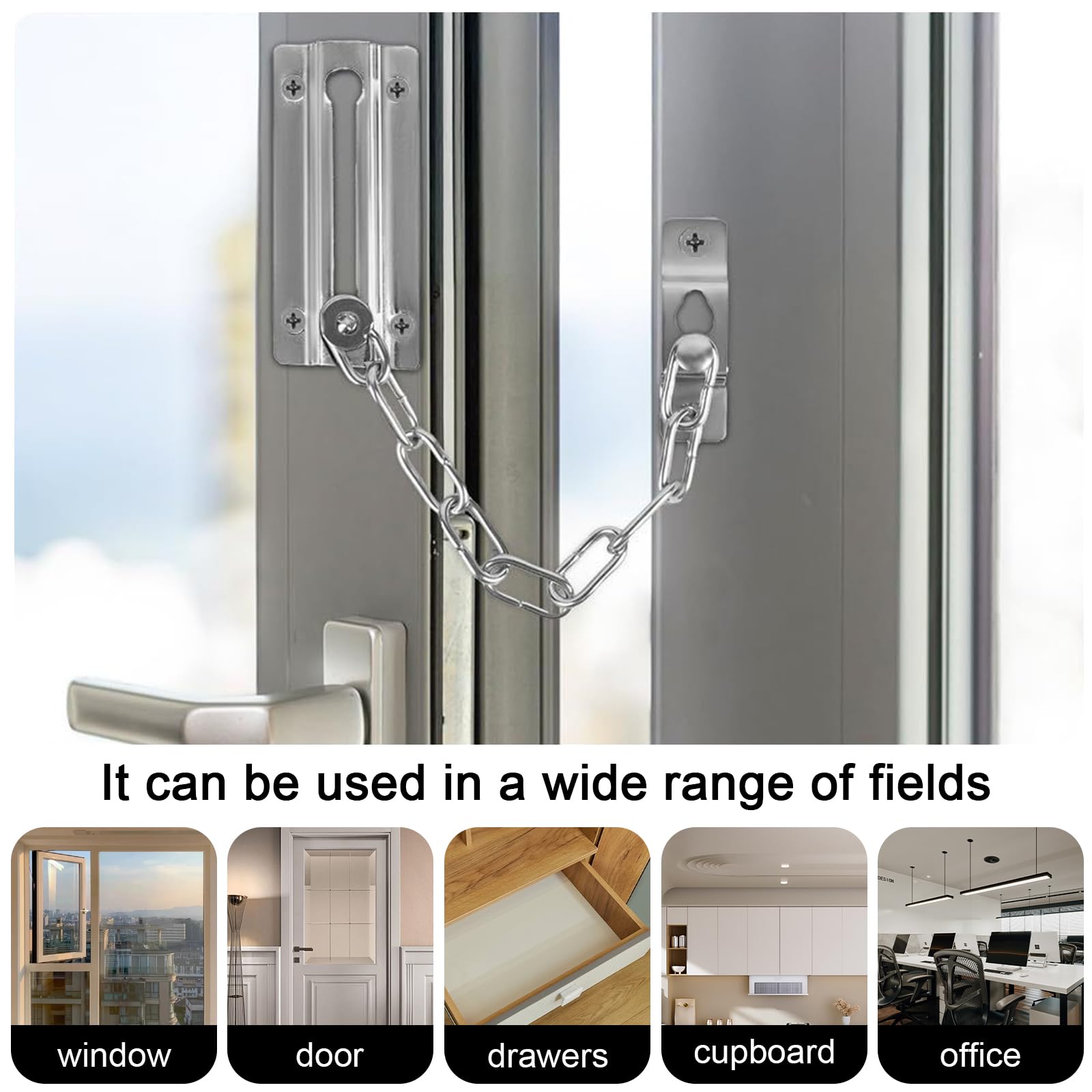 4 serrature a catena in acciaio inox, per porte anteriori, resistente, antifurto, limitatore interno per porte, balconi, residenze, camere da letto, armadi, finestre, motel, argento