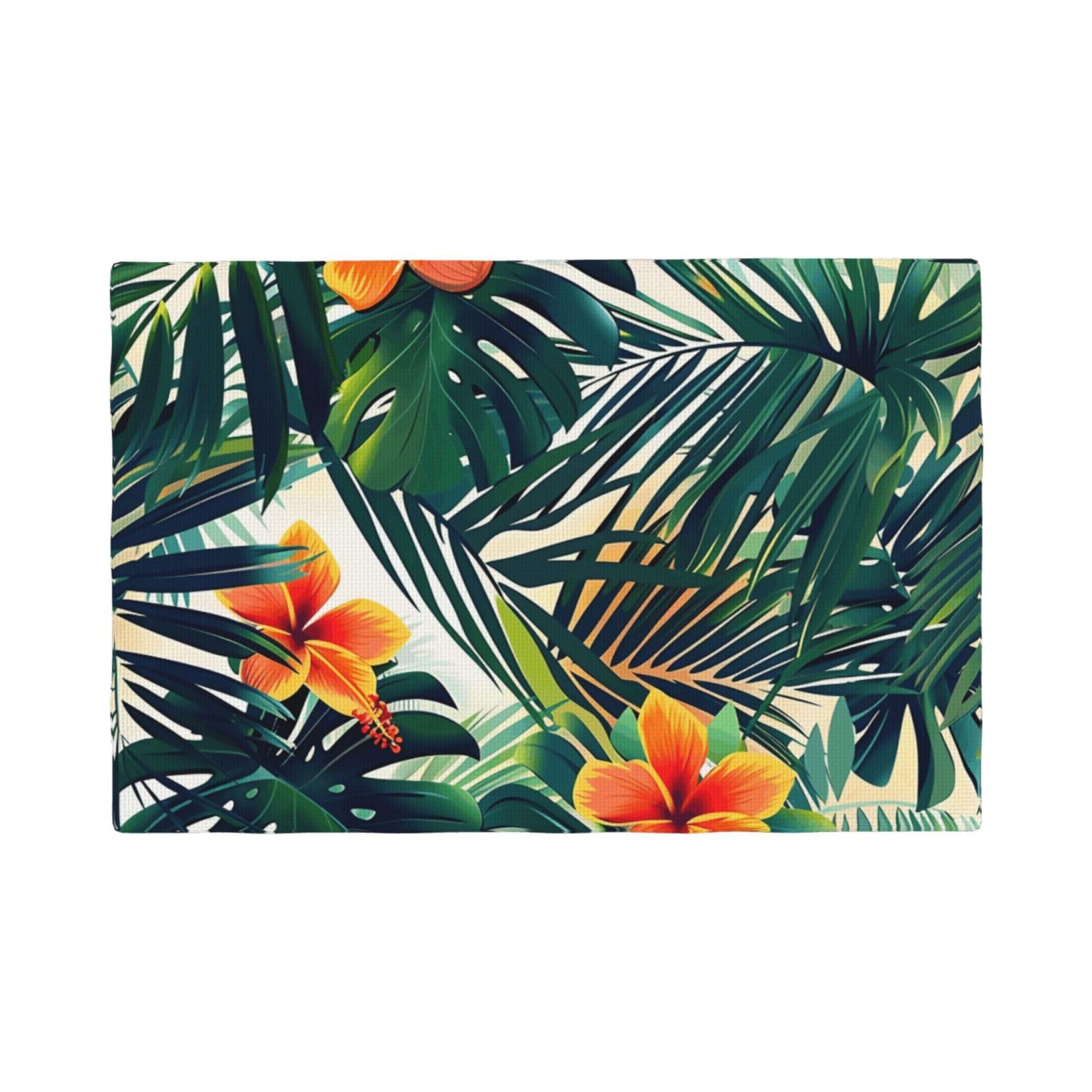 Tropical Summer Hawaiian Flower Palm Leaves Print Placemats Set, Heat Resistant Washable Placemat 12x18in Table Mats for Party Kitchen Dining Table Decoration Indoor Outdoor, Six Piece