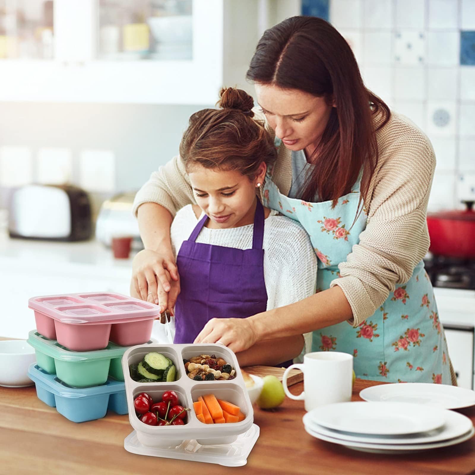 MEEYUU Confezione da 4 contenitori per snack, 4 scomparti, riutilizzabili, per la preparazione dei pasti, per bambini e adulti, contenitori divisi per alimenti, per scuola, lavoro, viaggi (2 rosa e 2