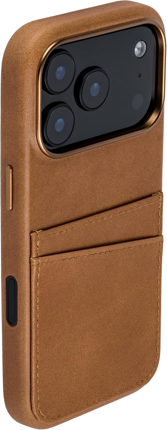 Dockem Genuine Leather Card Case for iPhone 17 Pro with Camera Control Button and Stitched-on Wallet with 2 Holder Slots (Light Brown, M2GL)