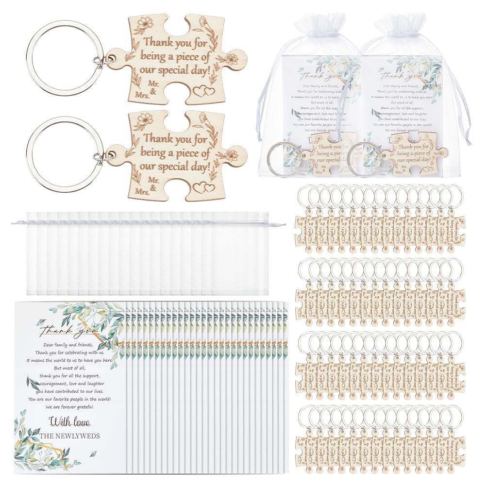 ORIGACH Set di 100 bomboniere per ospiti di nozze con portachiavi in legno puzzle di ringraziamento sacchetti in organza, per feste e feste di nozze
