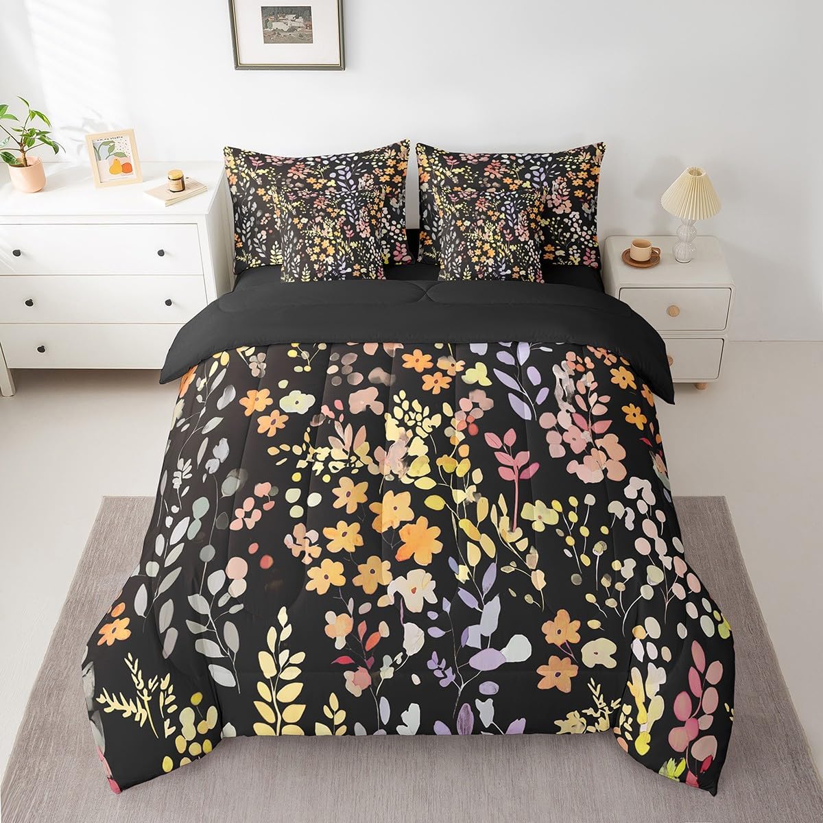 Erosebridal 7 Piece Boho Yellow Floral Full Bedding Set for Kids Girls Women,Colorful Flowers Comforter Set with Sheets,Watercolor Wild Flower Bed Set Rustic Country Bed in a Bag with Pillowcases