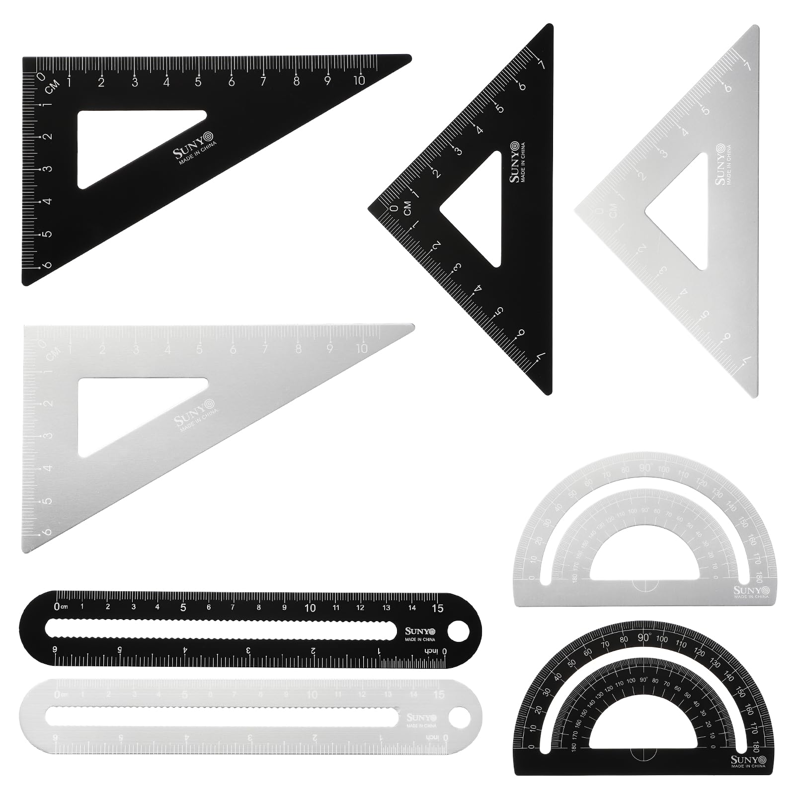sourcing map 8pcs Triangular Ruler Set 15cm/6" Aluminum Alloy Straight Geometric Protractor Triangle Engineering Scale Drafting Ruler Measuring Drawing Tool for Classroom, Silver White/Black