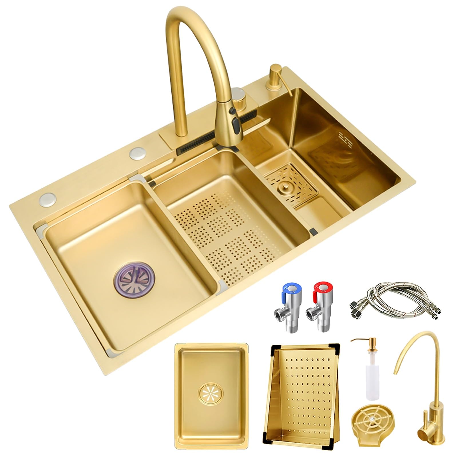 ZQFHSX Gold Waterfall Kitchen Bar Sink With Pull Out Faucet, Drain Basket, Cup Washer, Kits, Stainless Steel Workstation Sink, Multifunction Single Bowl For Kitchen(75x45x22cm)