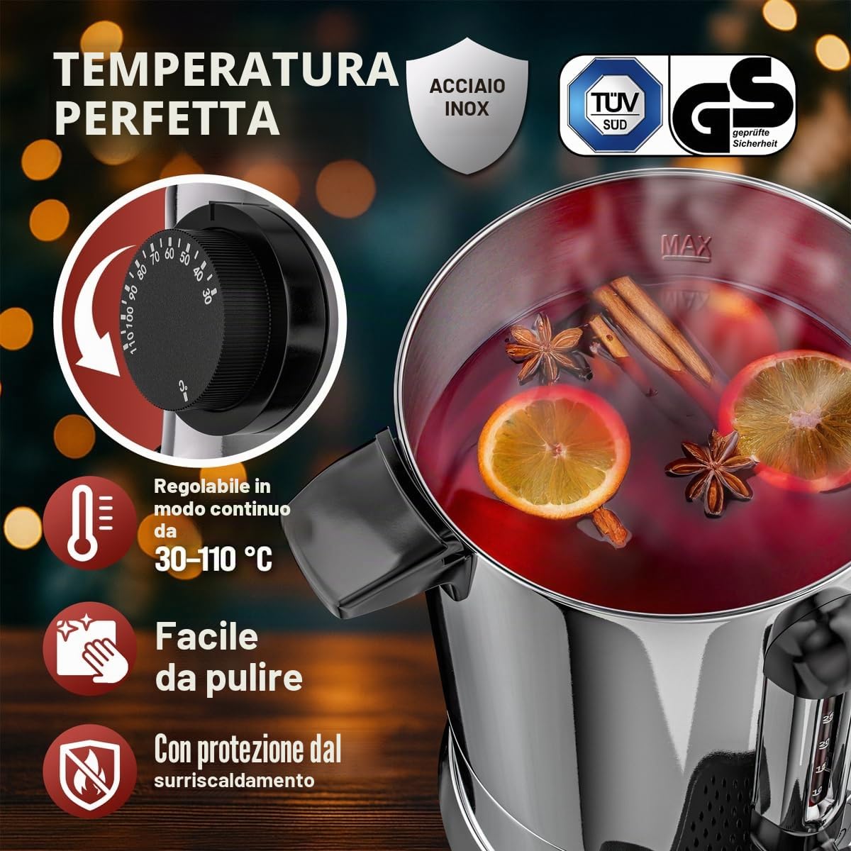 MONZANA® Bollitore per Vin Brulé 20L con Rubinetto 90 Tazze Acciaio Inox Regolazione 30-110°C Erogatore Bevande Calde Punch